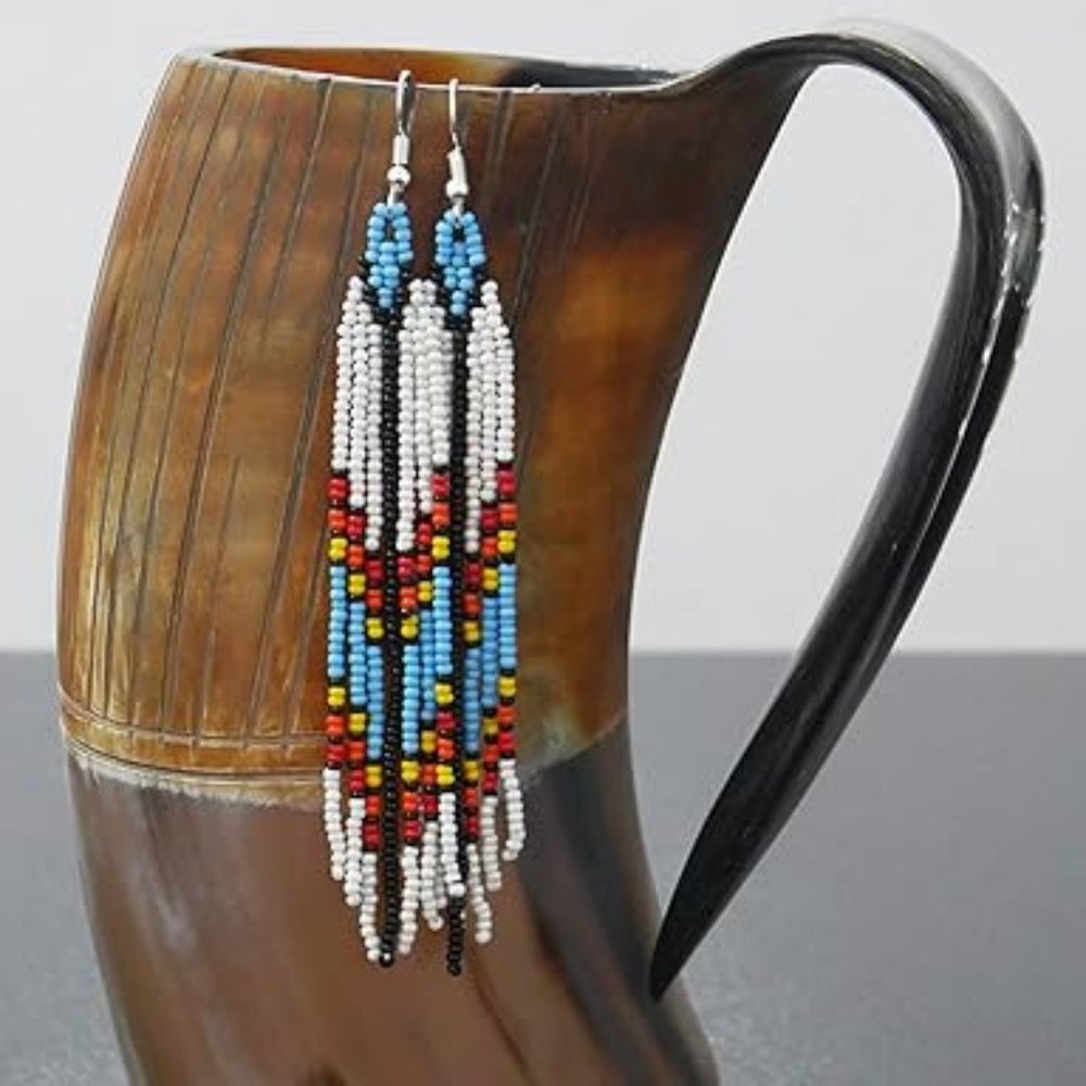 Long 4.5" White Turquoise Blue Beaded Fringe Earrings Native American Tassel New